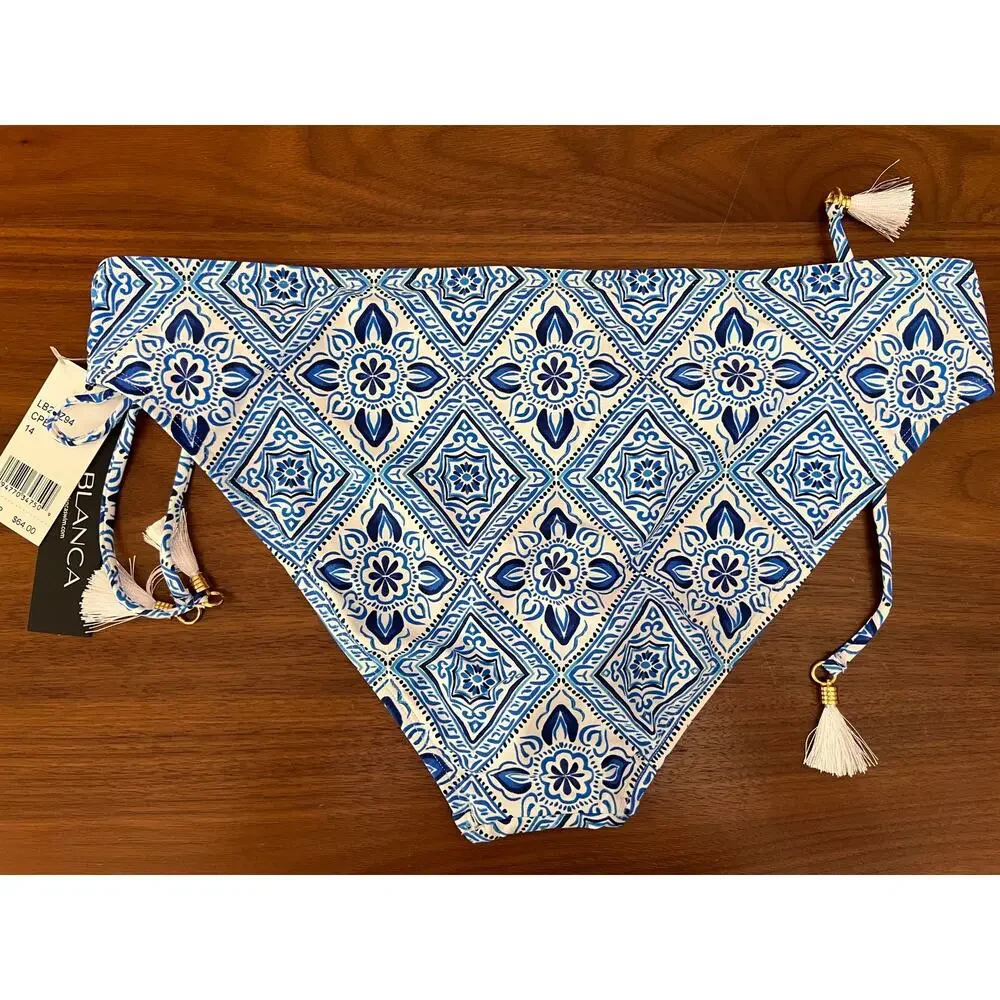La Blanca Blue Tile Print Side Tie Bikini Bottom 14 NWT